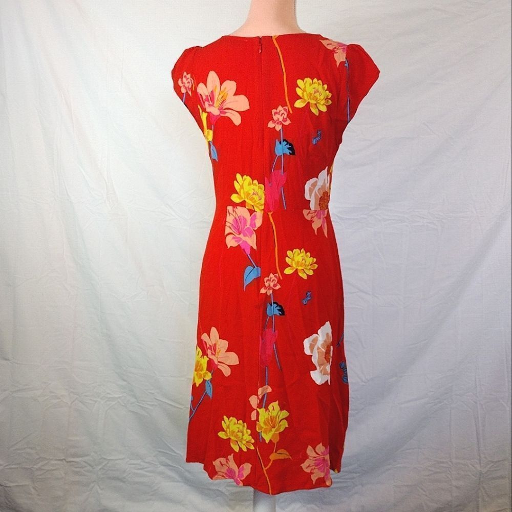 LOFT Orange Red Lily Floral Cap Sleeve Side Slit Midi Dress SMALL - Picture 14 of 16